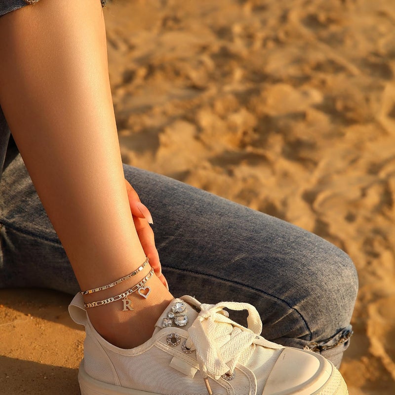 Wremily Initial Ankle Bracelets for Women Waterproof 14K Gold Plated Dainty Layered Figaro Chain Letter Initial CZ Heart Ankle Bracelets Set Summer Beach Jewelry for Women - Image 2